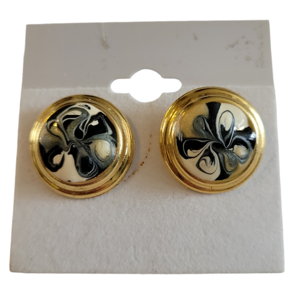 Enamel Post Pierced Blue White Cream Circle Earrings - Picture 2 of 3